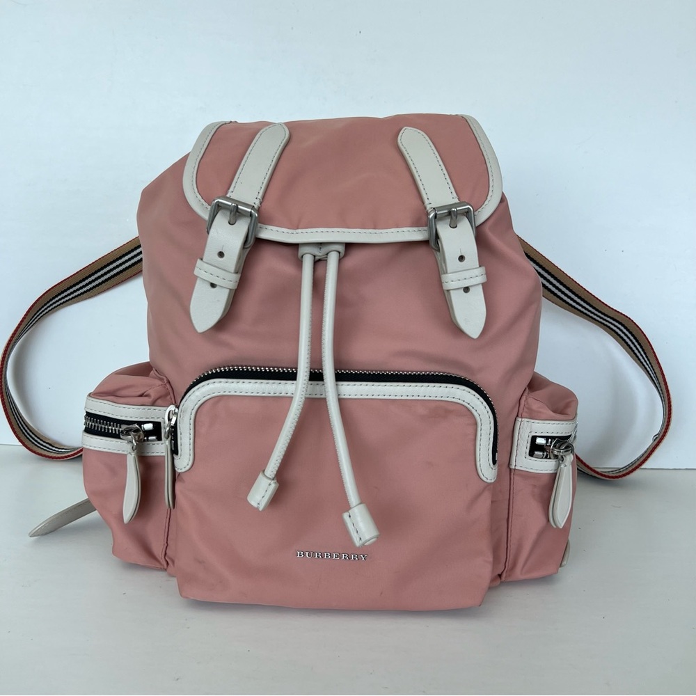 BURBERRY Rucksack Mauve Nylon w Leather Trim Drawstring Side Pockets Backpack - Picture 3 of 16